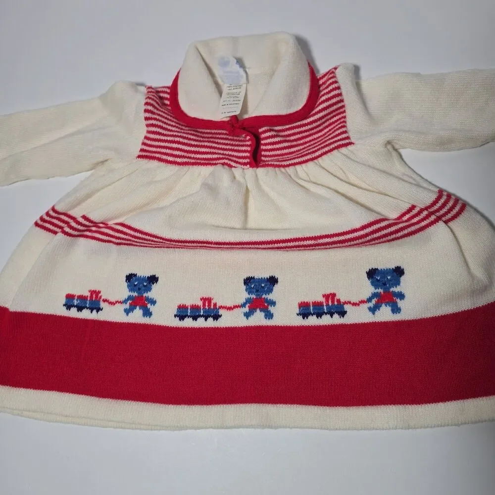 Vtg Nann Knits 24 Months White & Red Soft Girls Sweater Dress With Blue Bears